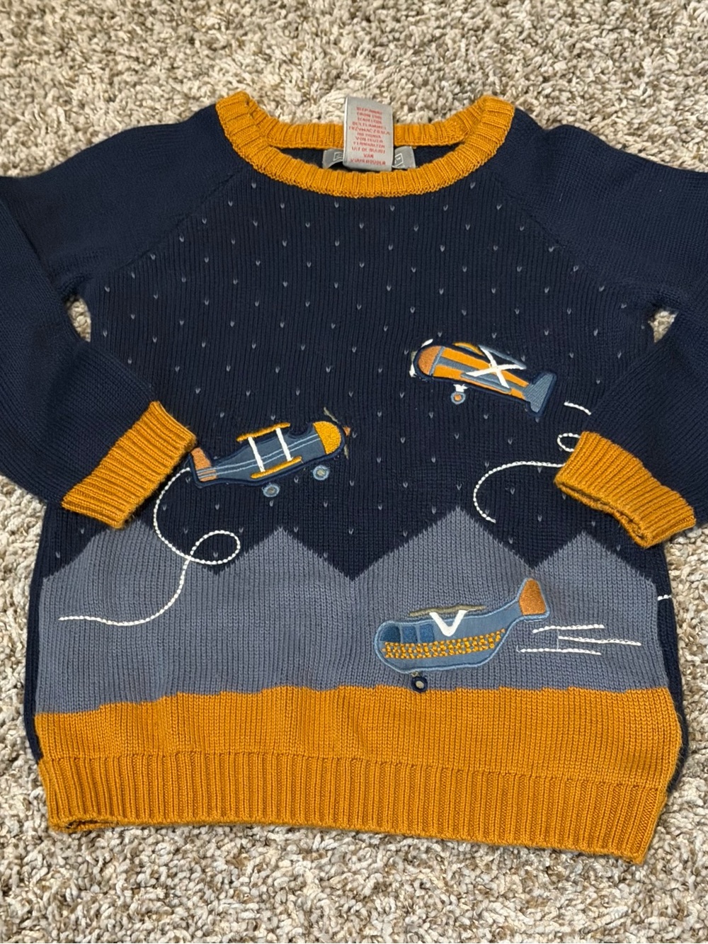 Children's Navy and Mustard Airplane Knit Sweater - Brand Unknown